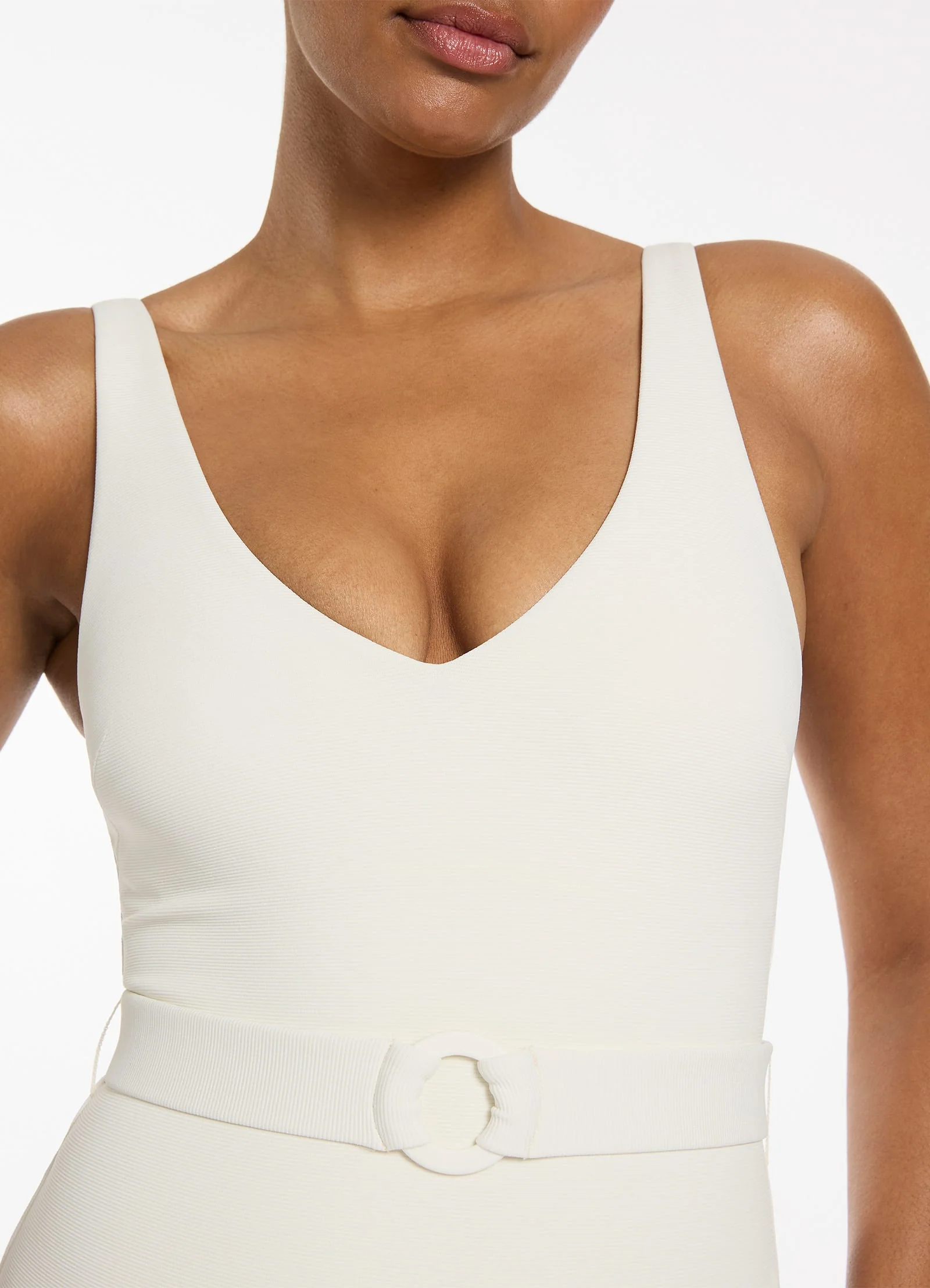 Isla Rib V-Neckline Belted One Piece - Cream - Image 6