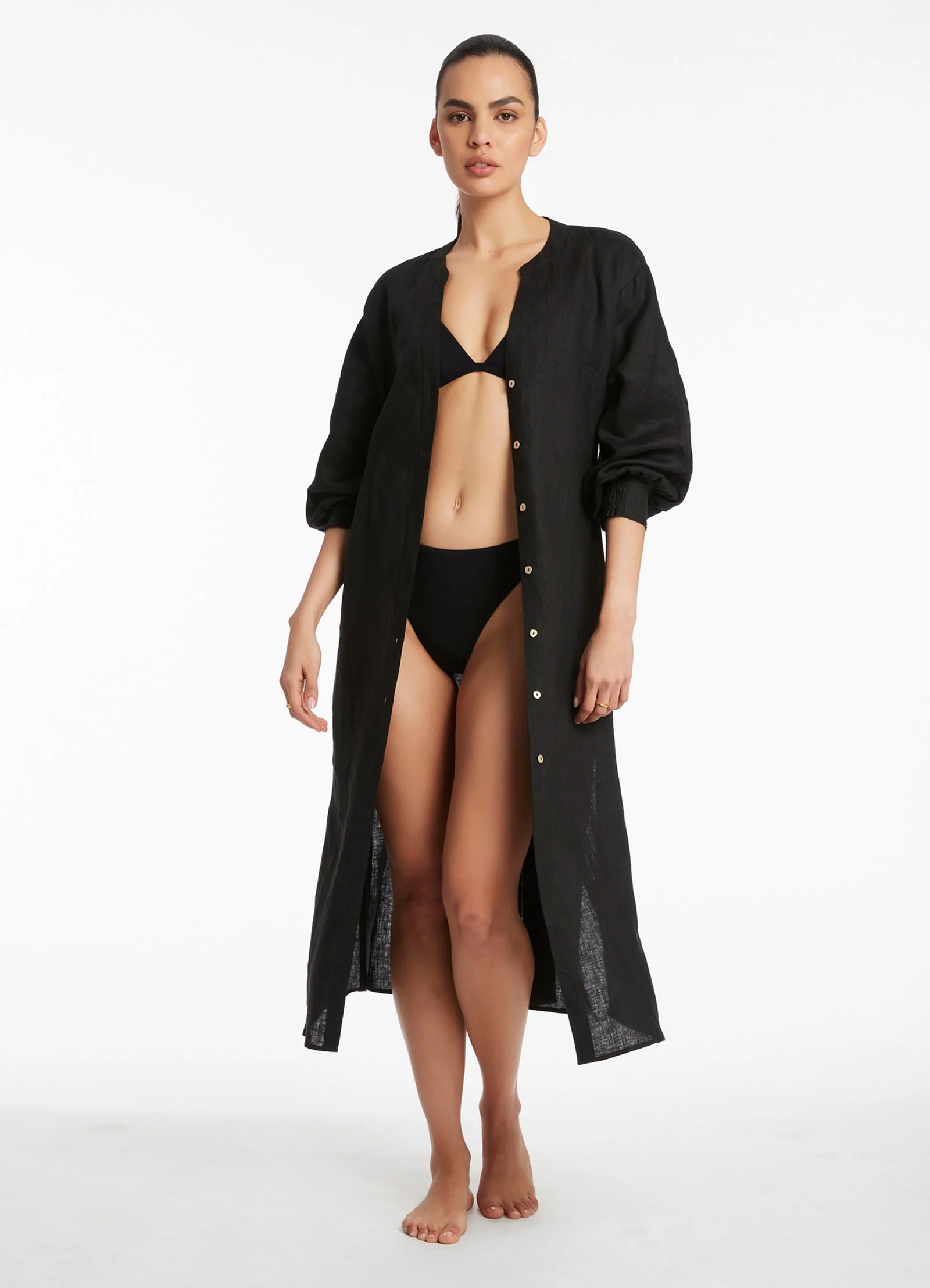 Jetset Shirred Cuff Shirt Dress - Black - Image 3