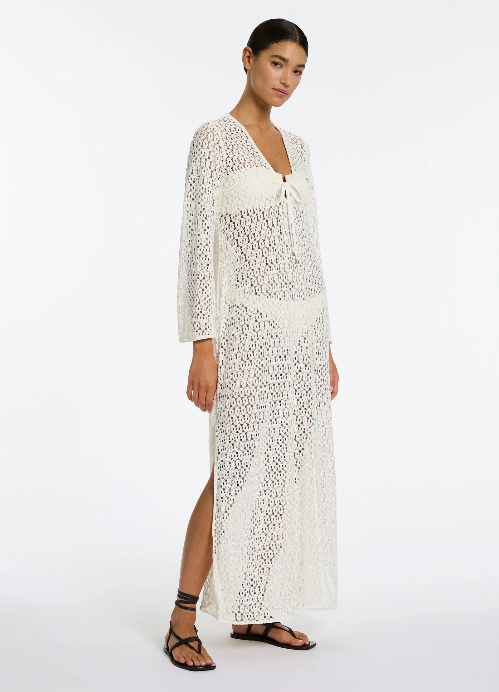 Stretch Lace Maxi Kaftan - Cream - Image 3