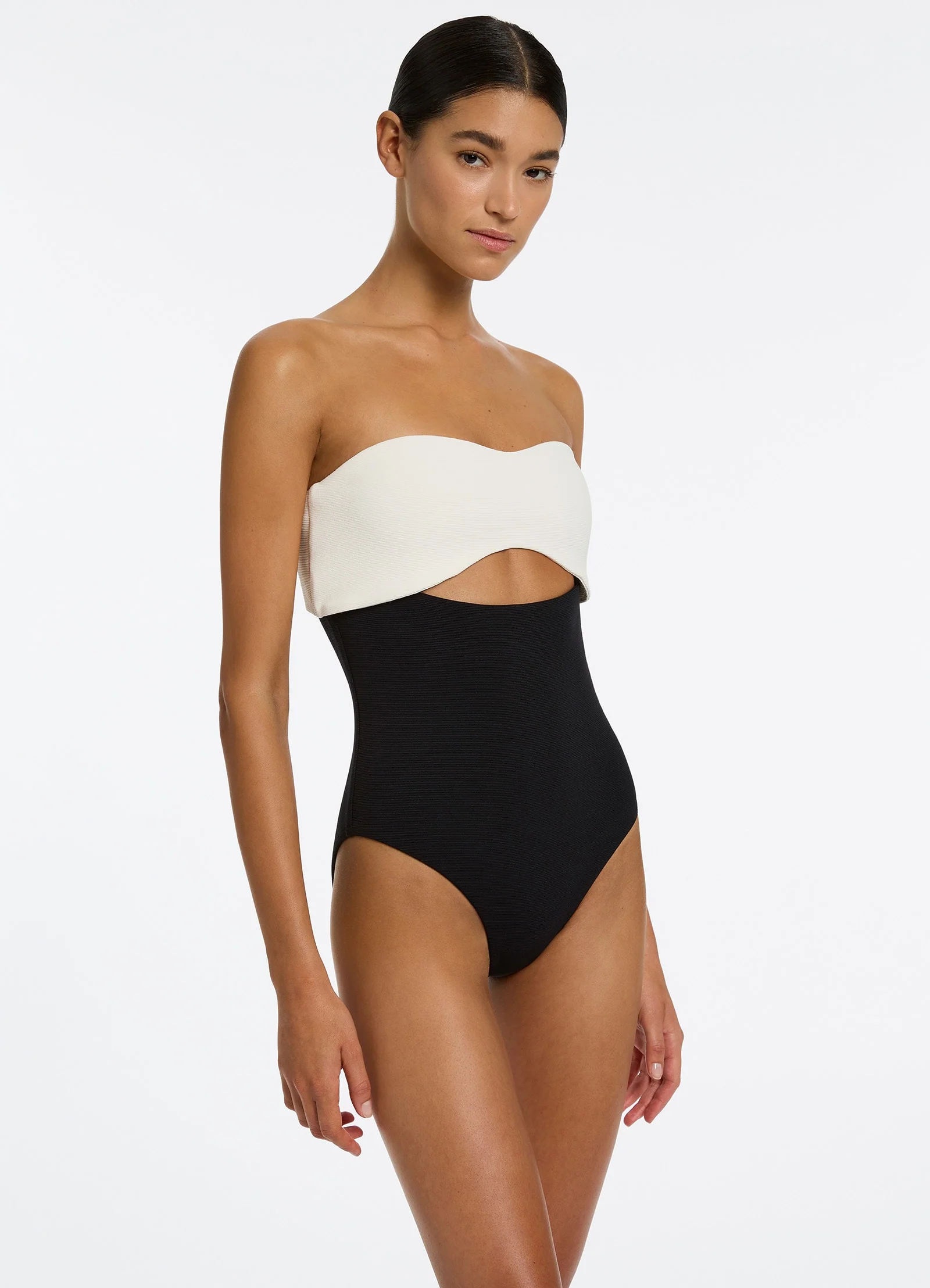 Versa Rib Cut Out Bandeau One Piece - Black/Cream - Image 3