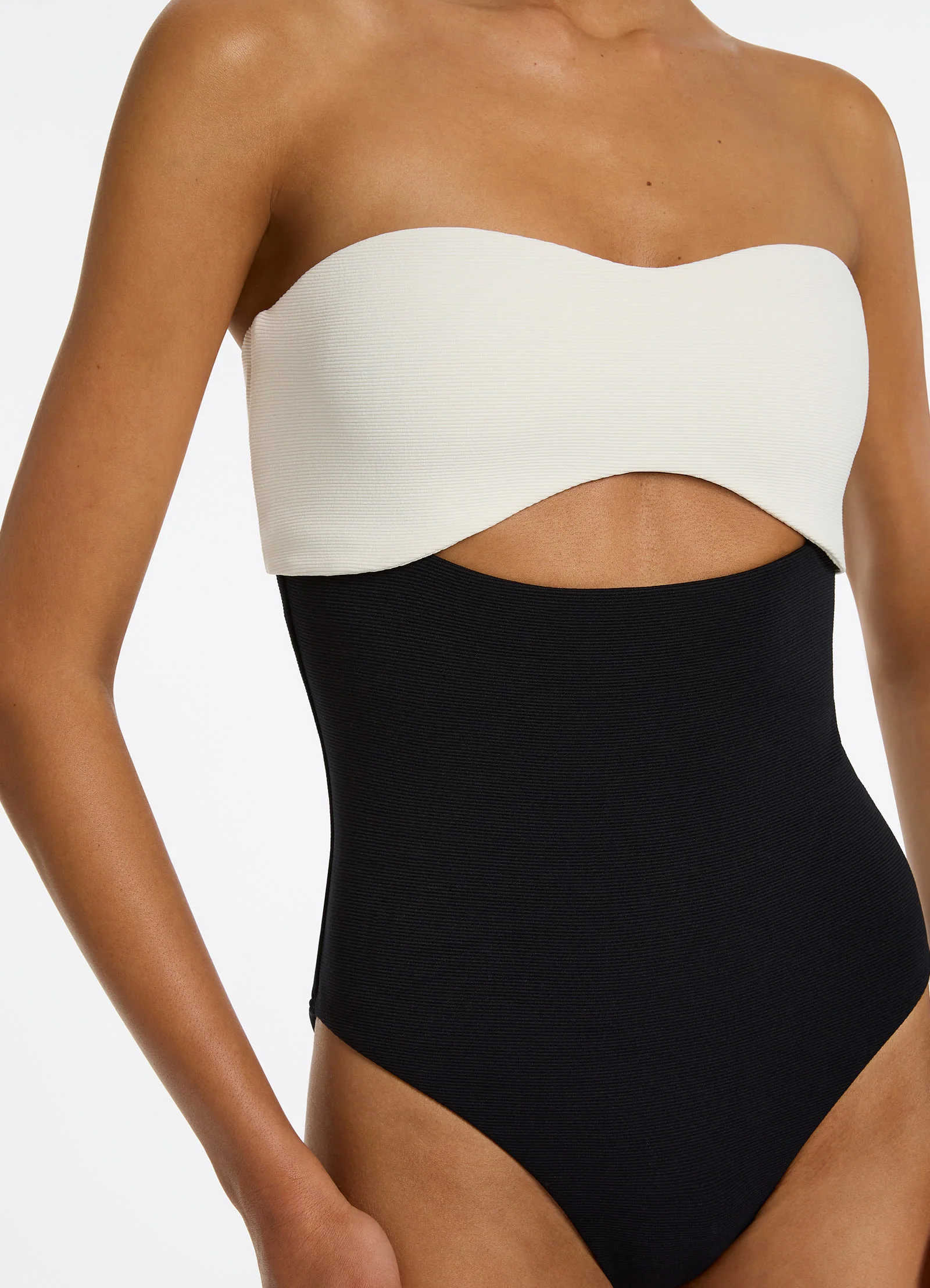 Versa Rib Cut Out Bandeau One Piece - Black/Cream - Image 5