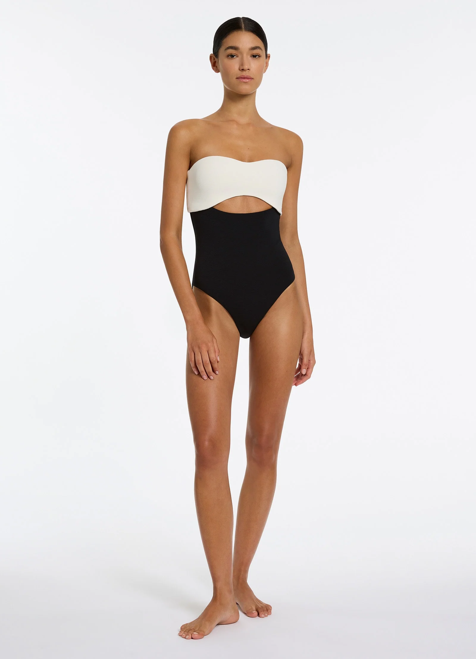 Versa Rib Cut Out Bandeau One Piece - Black/Cream - Image 6