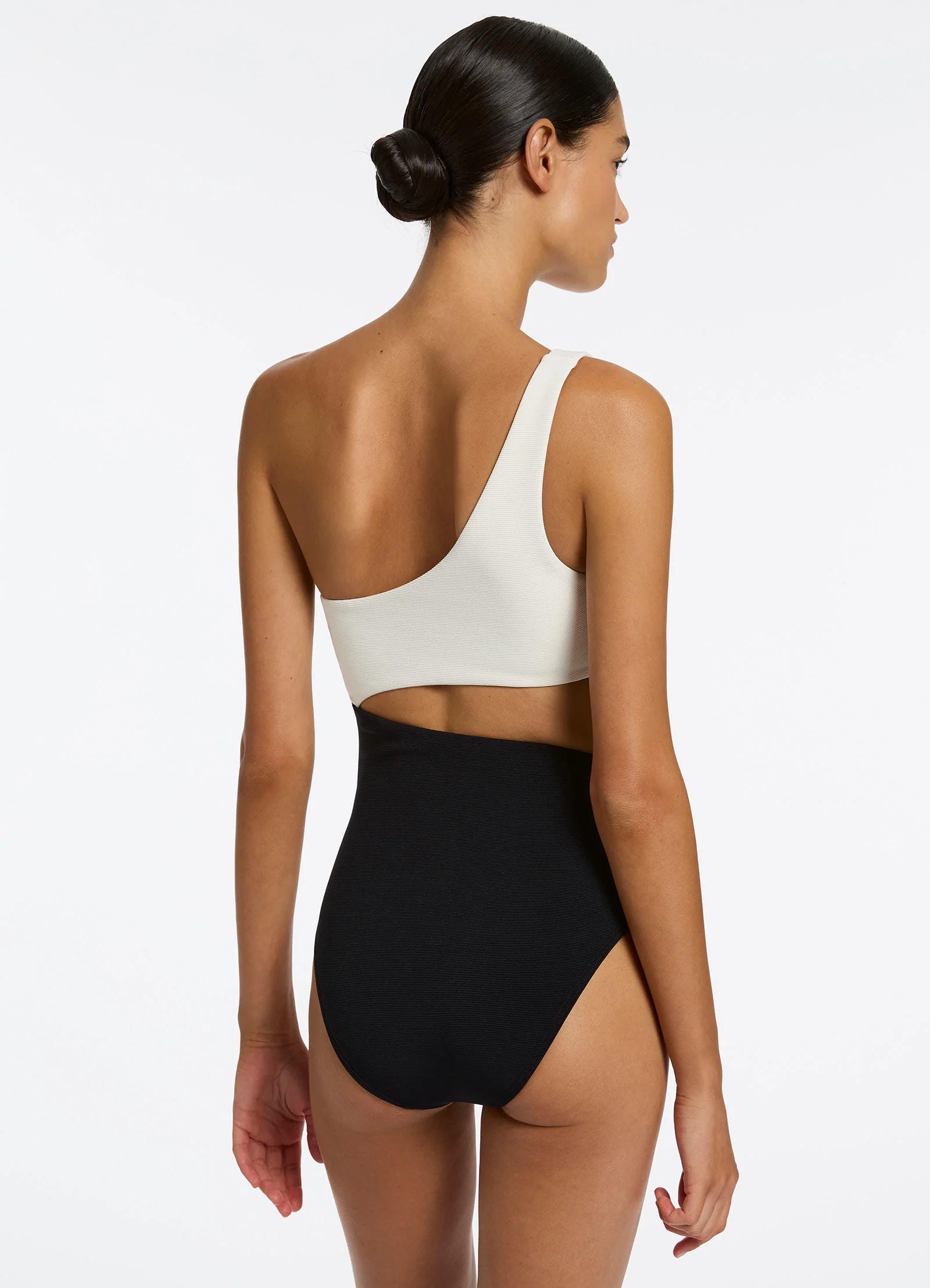 Versa Rib One Shoulder One Piece - Black/Cream - Image 4